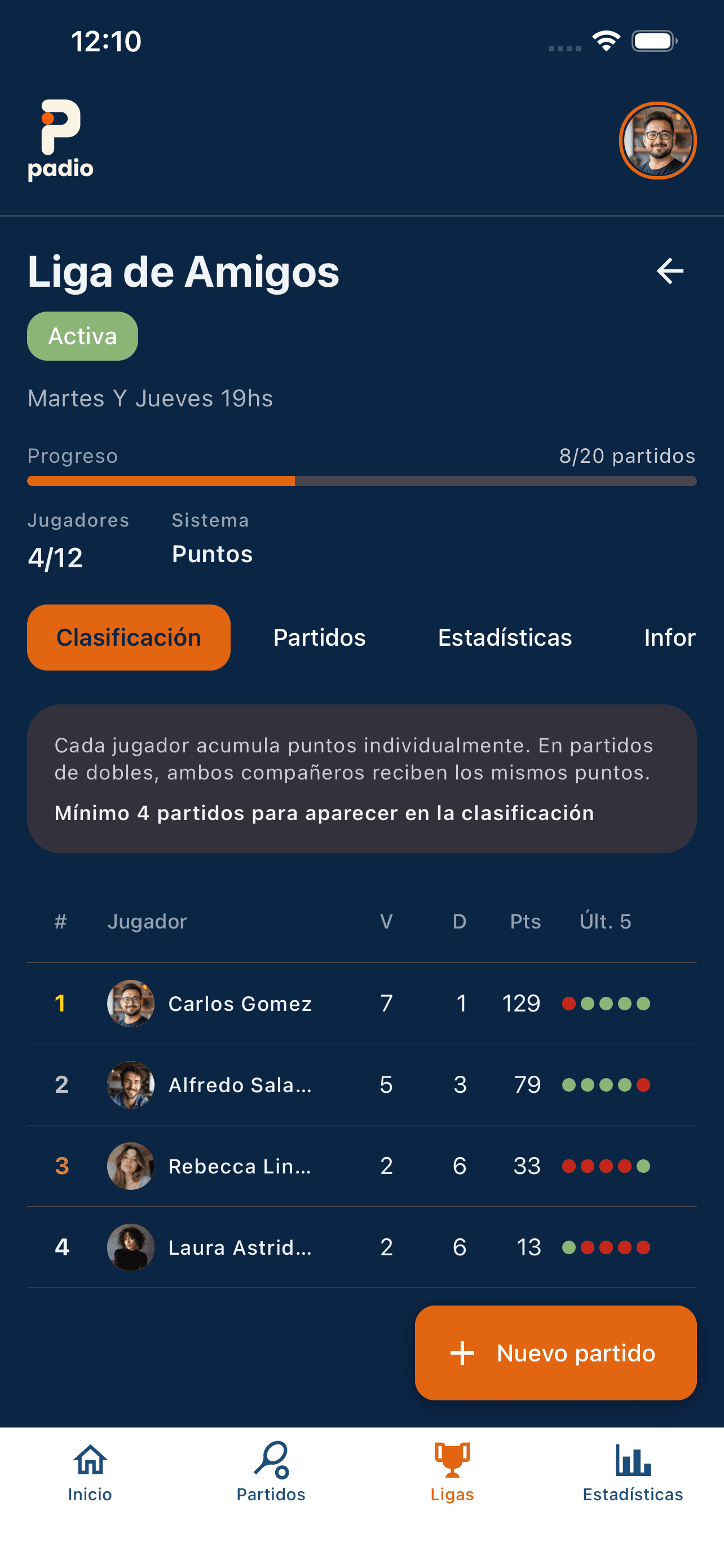 Captura de pantalla de una liga en Padio